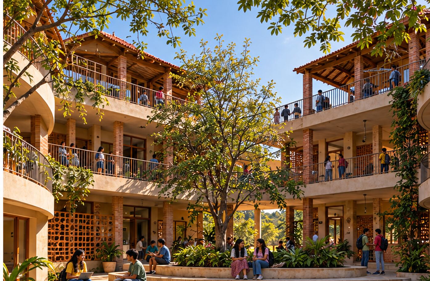 Visualisation of the planned courtyard, with children on the balconies and paths around it