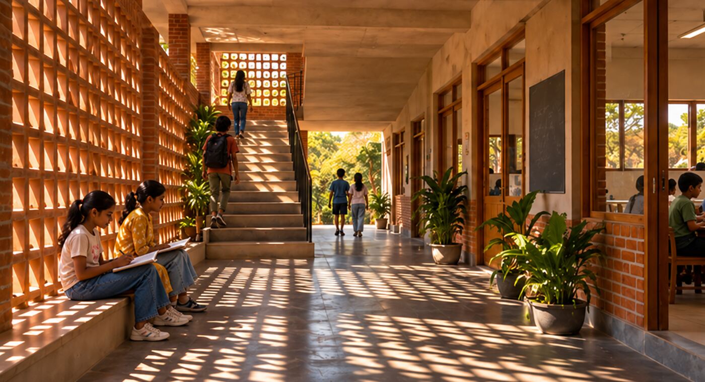 Visualisation: a passage behind the brick jaali, with a staircase and children reading