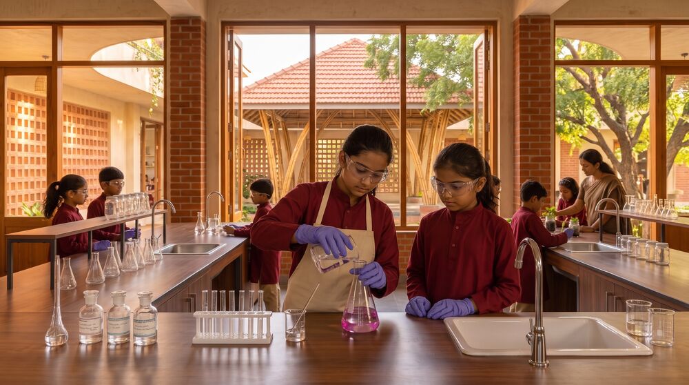 Visualisation: two girls in aprons, goggles and gloves pour coloured liquid into a flask at a lab bench with a sink, with more children at benches behind