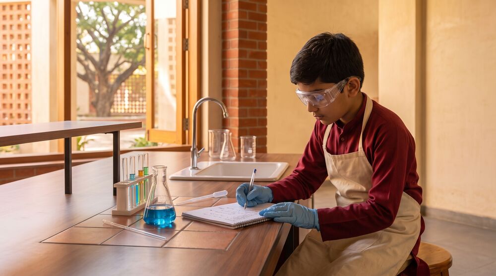 Visualisation: a boy in goggles, apron and gloves writes notes in a notebook beside a flask and test tubes at a lab bench